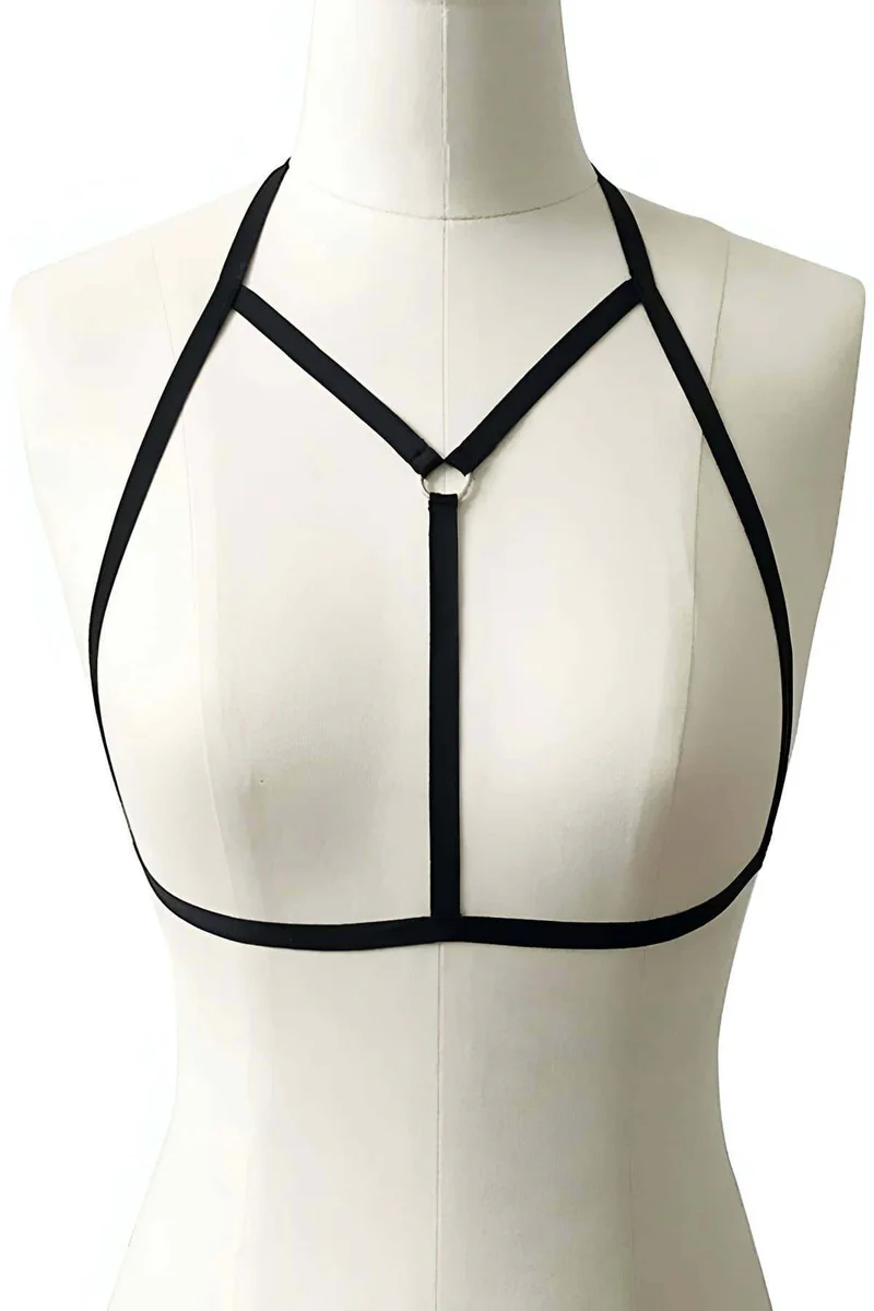 Back view of black faux leather cage bra with clasp closure
