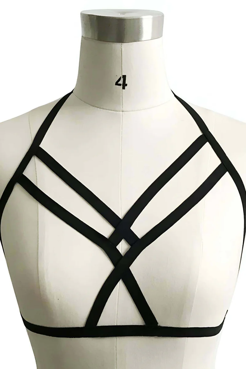 Black vegan leather festival chest harness strappy detail