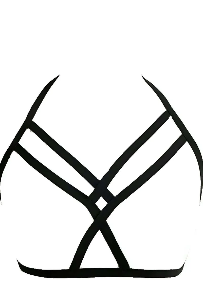 Black vegan leather chest harness criss-cross straps front view