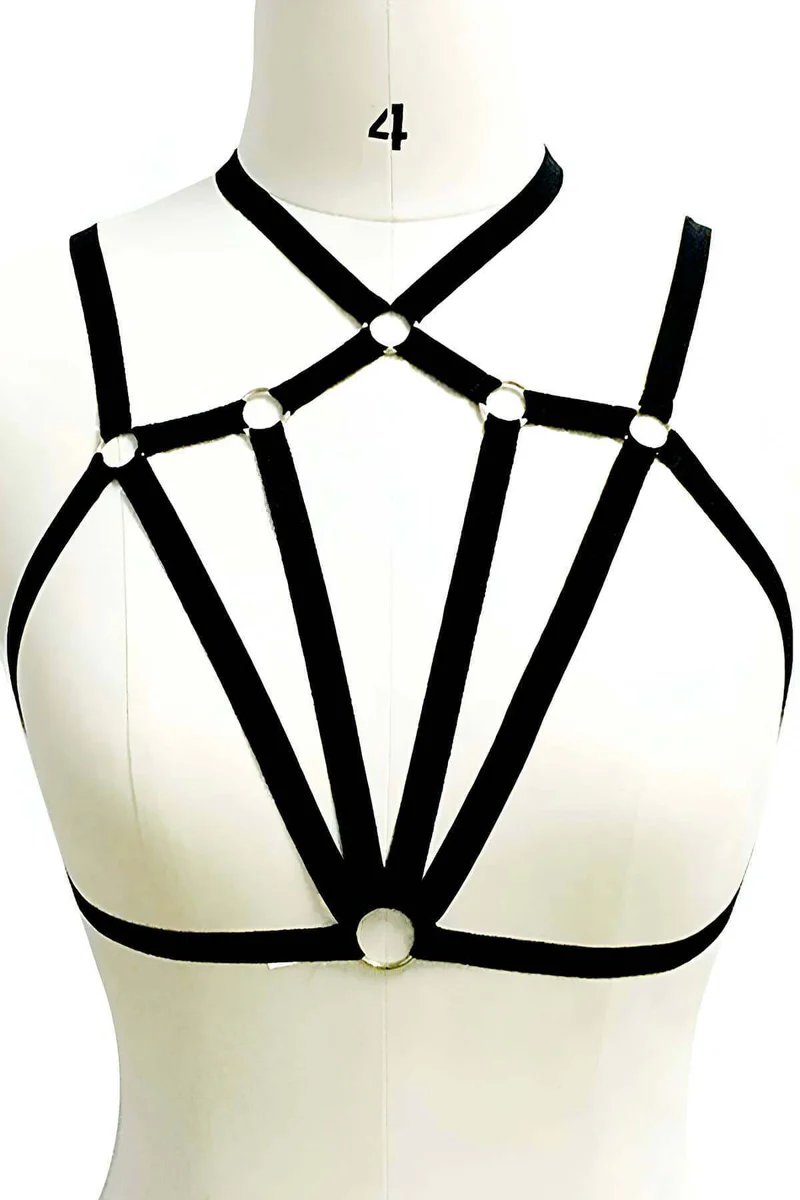 Adjustable strappy chest harness black faux leather O-rings and straps