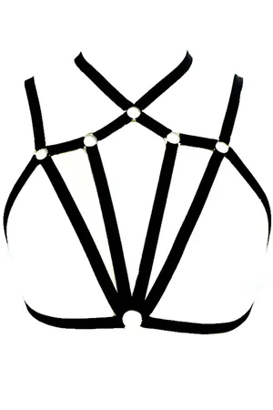 Black adjustable strappy chest harness with silver O-rings
