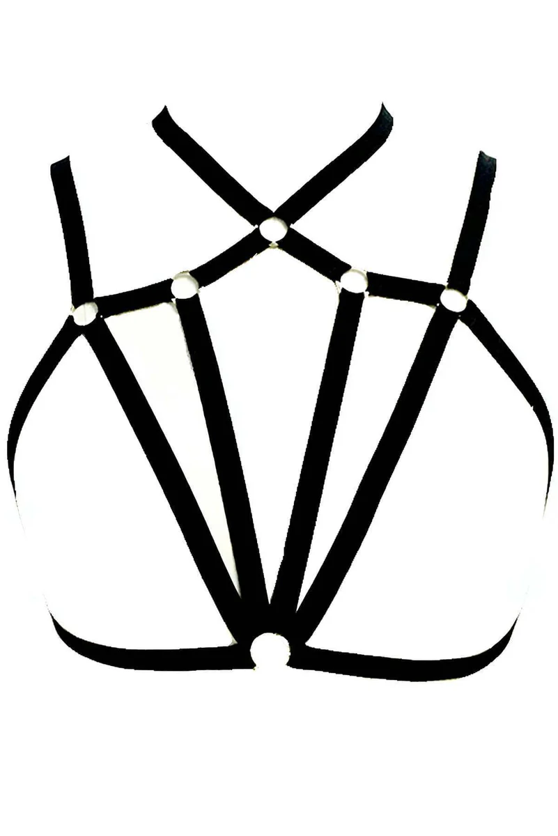 Black strappy chest harness with O-rings showing front strap detail