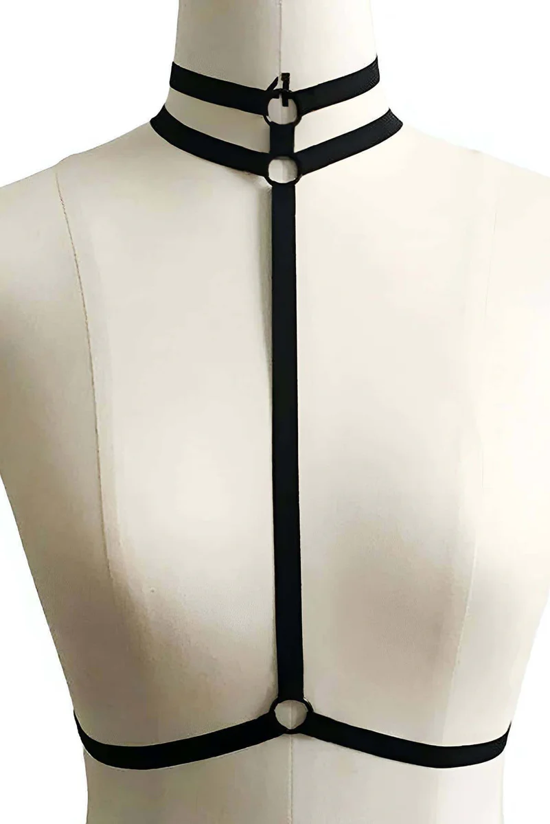 Black choker neck harness with double strap and O-ring accents