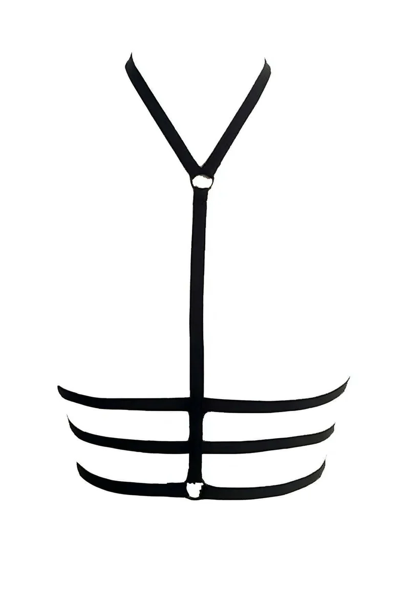 Fashion body harness black faux leather texture close up showing multiple straps and O-ring detail
