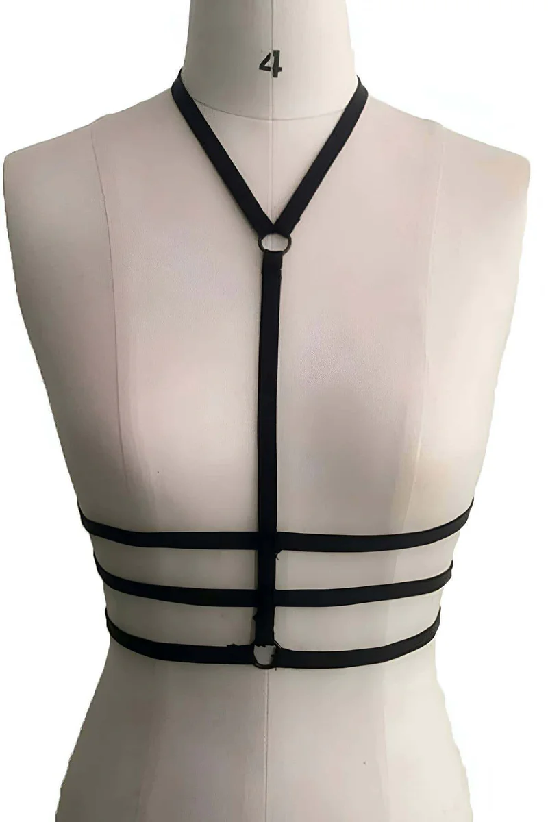 Black strappy lingerie with triple band and O-ring accent