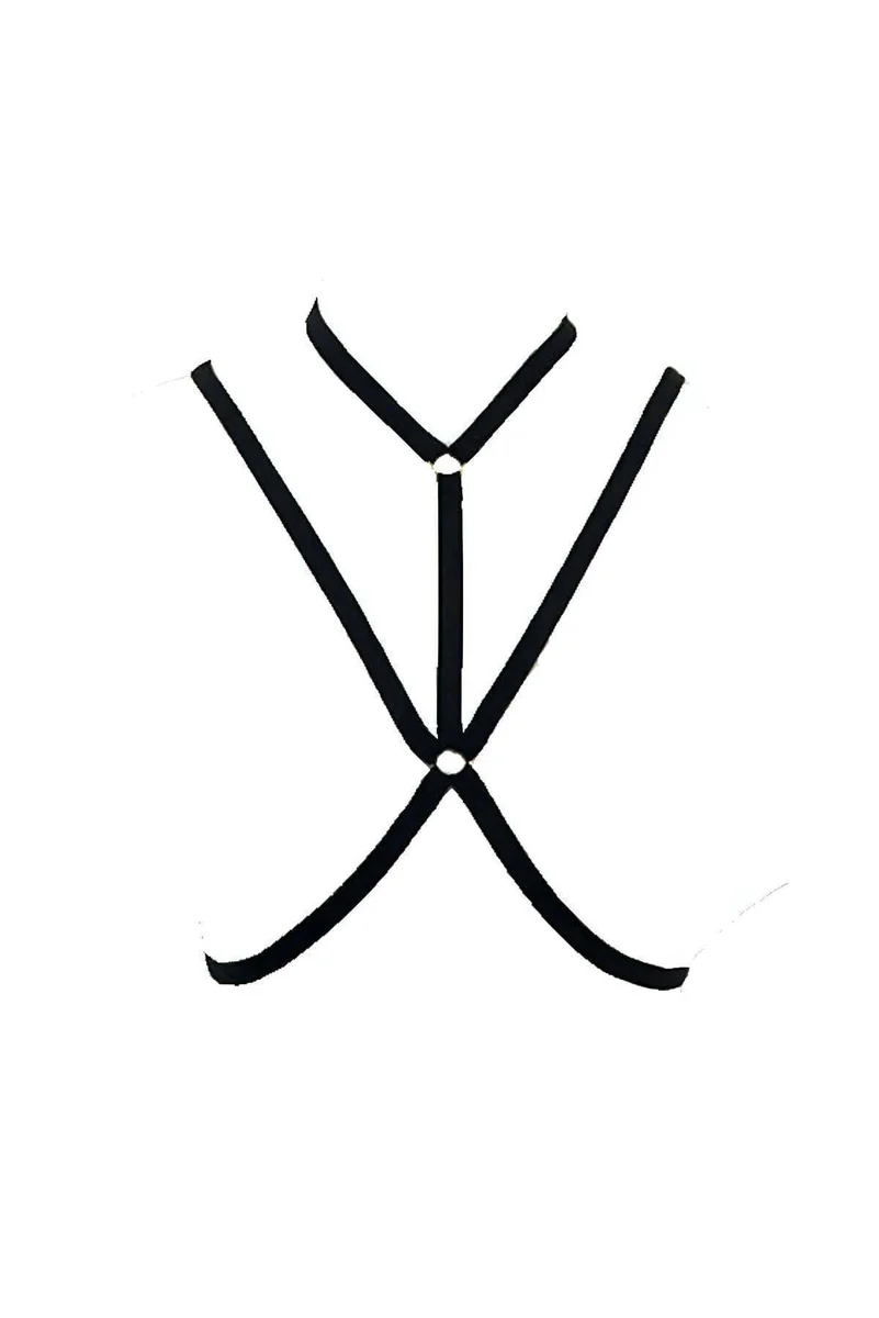 Close-up of black vegan leather harness O-ring detail