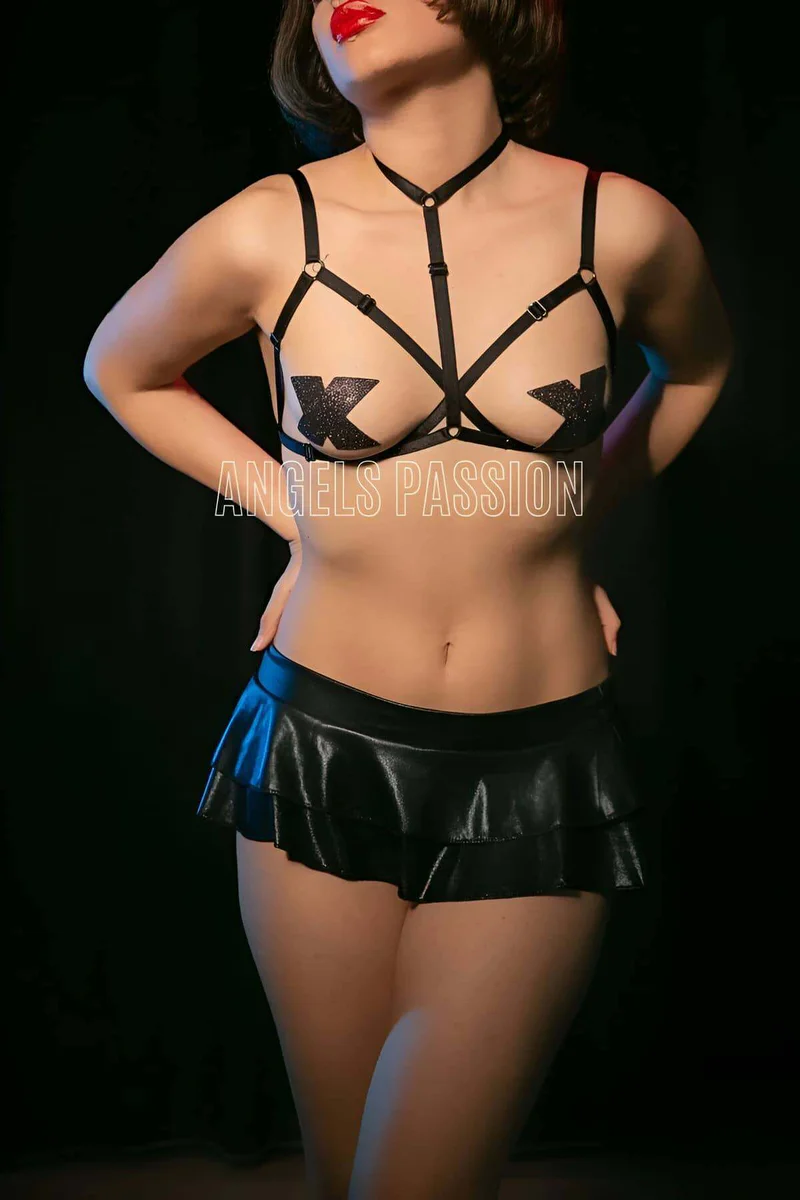 Black strappy harness lingerie with choker neck and X detail