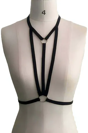 Black minimalist chest harness with O-ring detail and strappy design