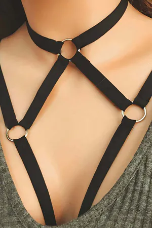 Black elastic choker chest harness with silver O-ring accents