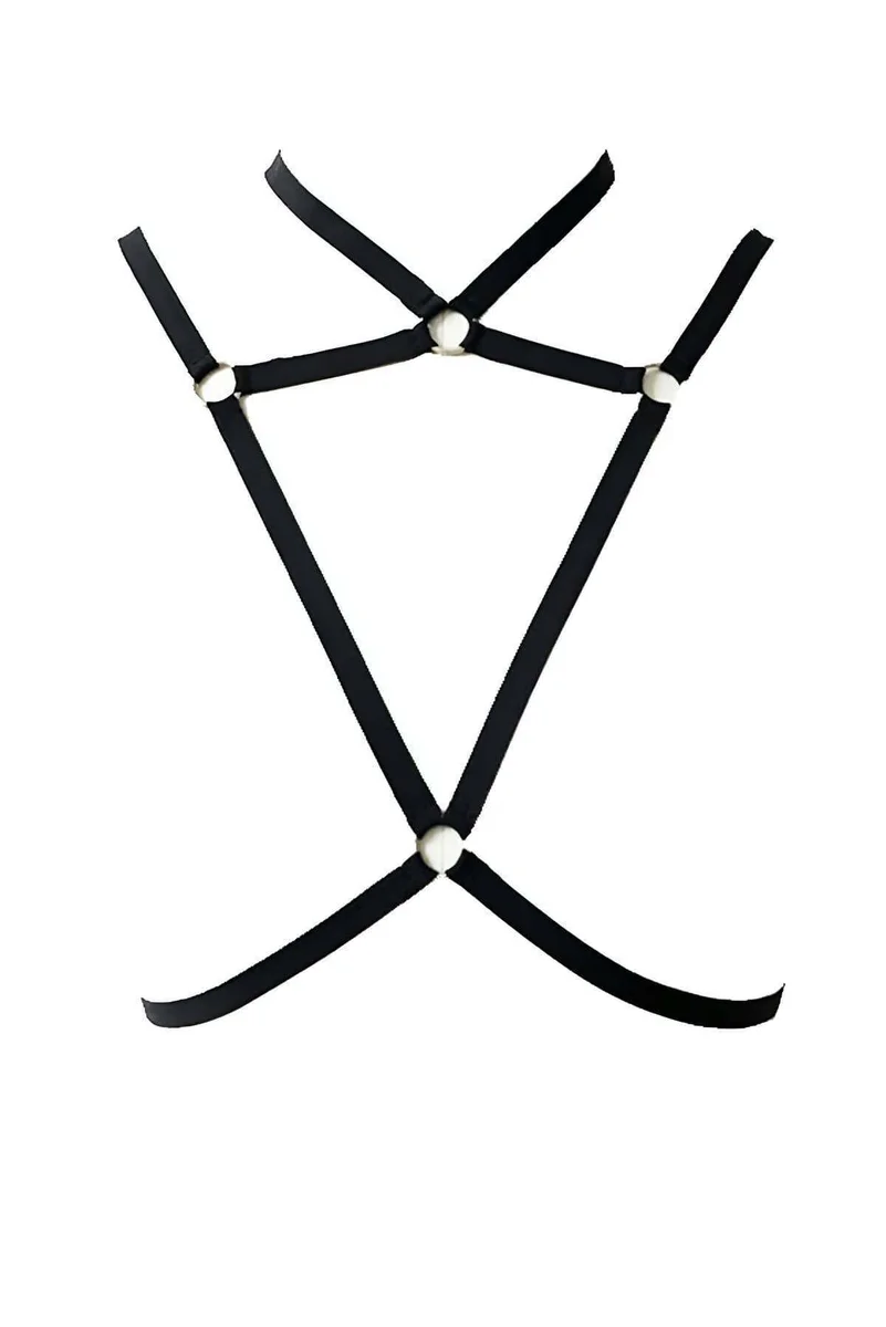 Side view of adjustable chest straps on black harness with o-ring accents