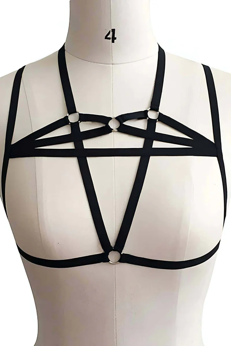 Strappy starburst chest harness black adjustable straps O-rings detail
