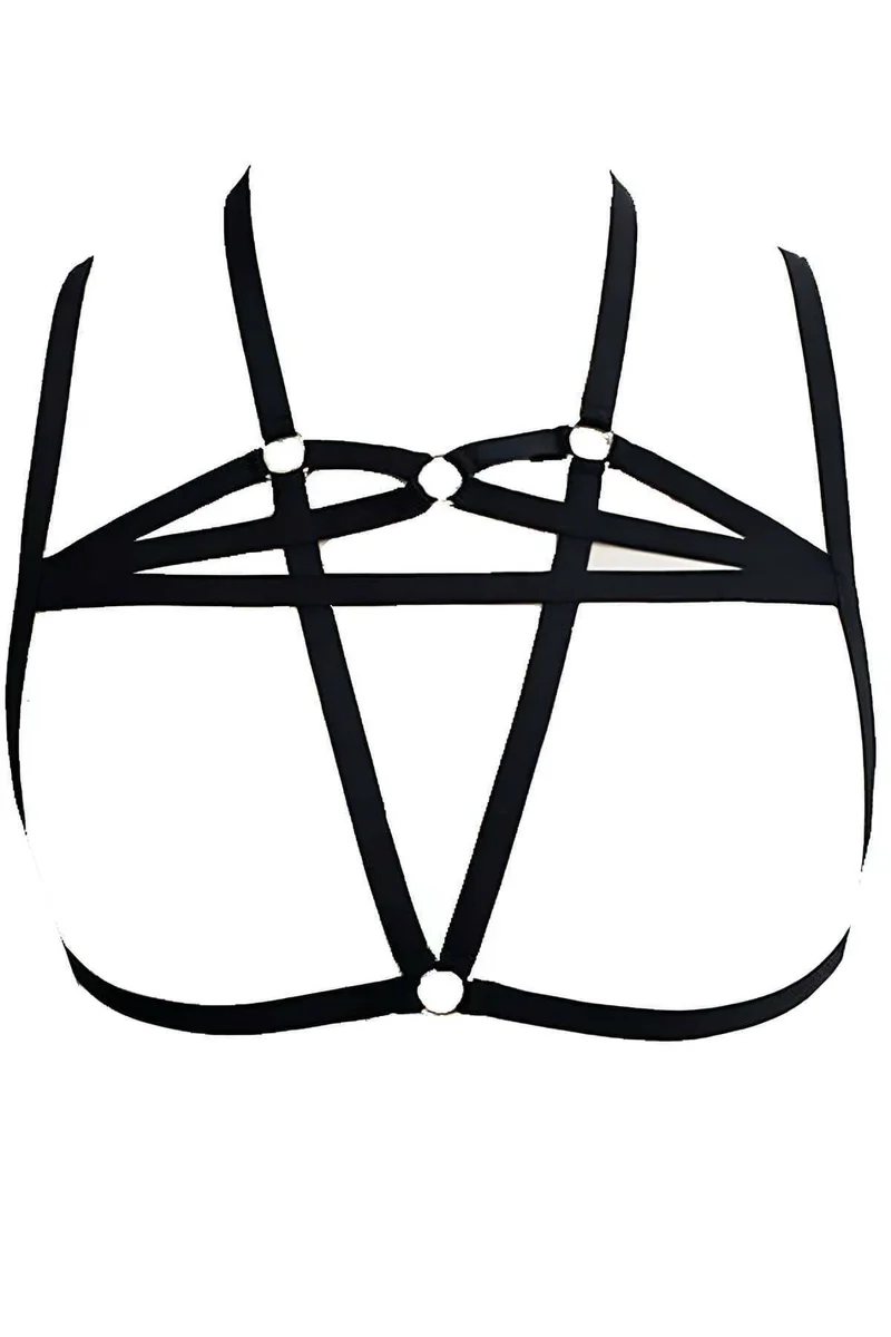 Black strappy starburst body harness with O-ring details visible
