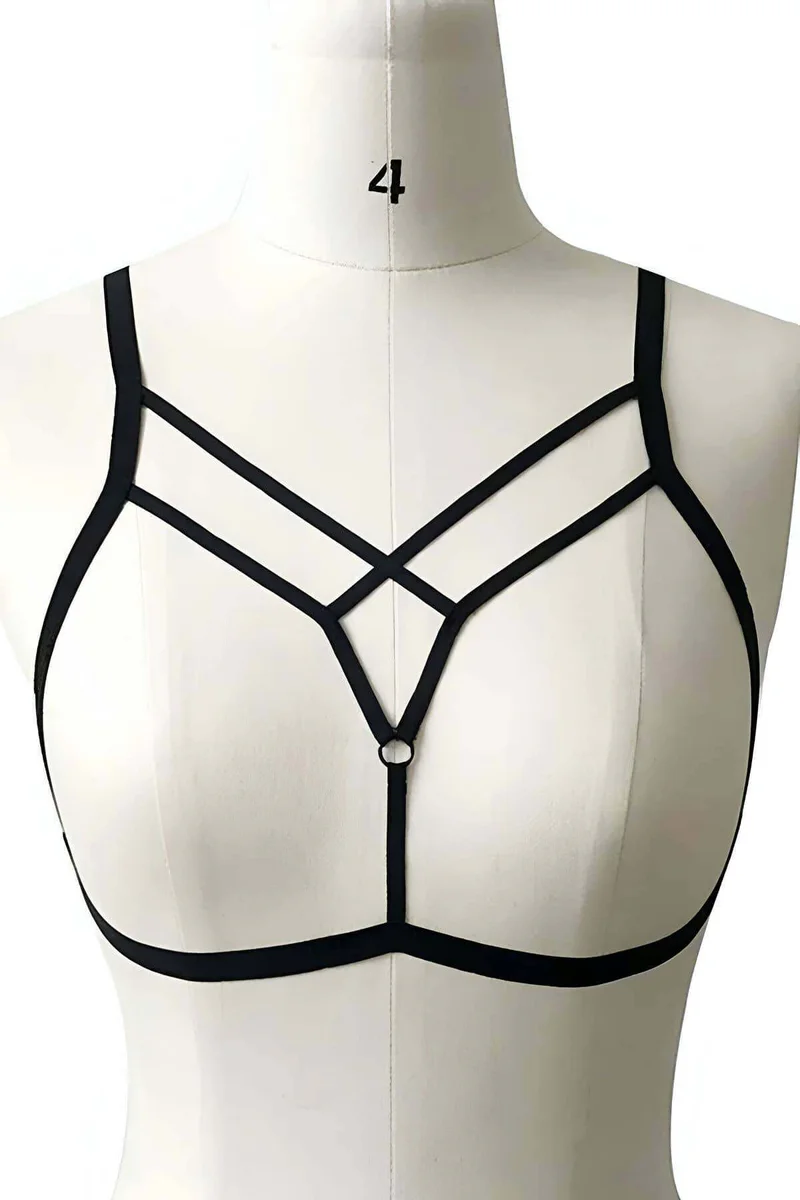 Black vegan leather strappy V-neck body harness with O-ring accent