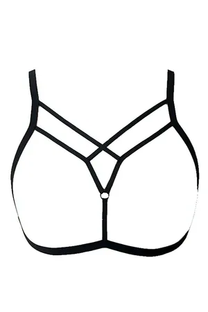 Black strappy V-neck body harness with O-ring accent