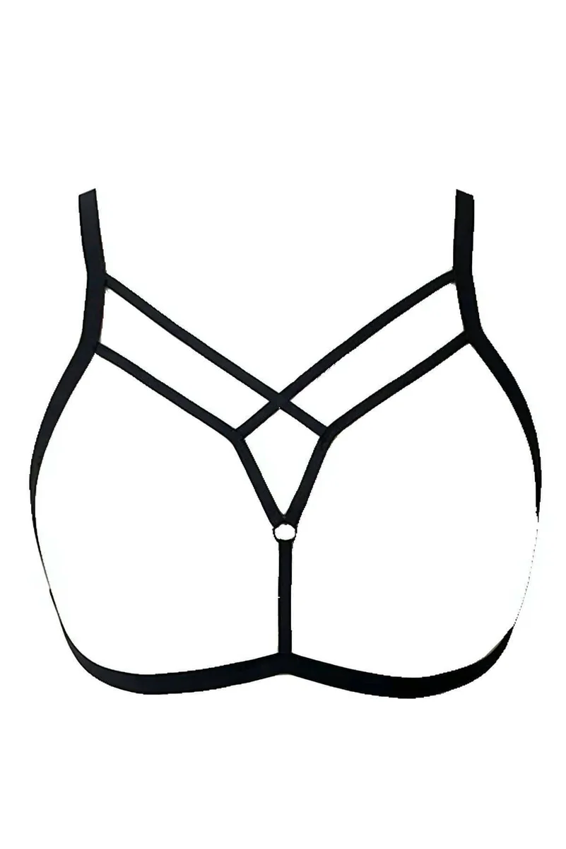 Black strappy body harness with O-ring accent and V-neck detail