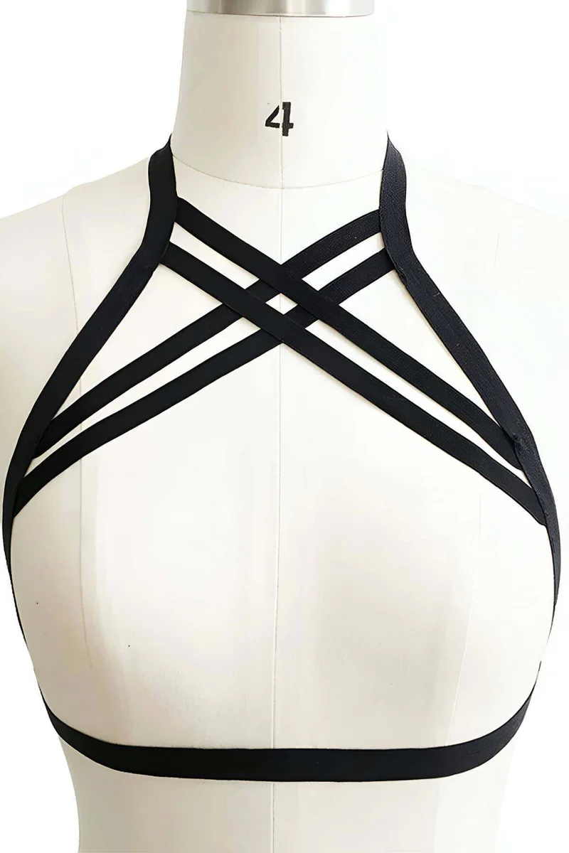 Black strappy lattice back harness bra front detail