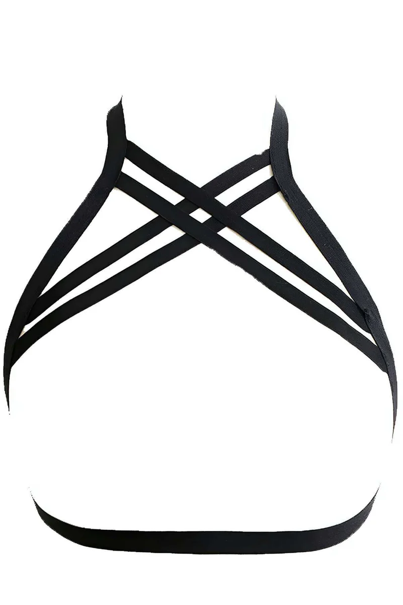 Black Strappy Lattice Back Harness Bra crisscross straps showing cleavage