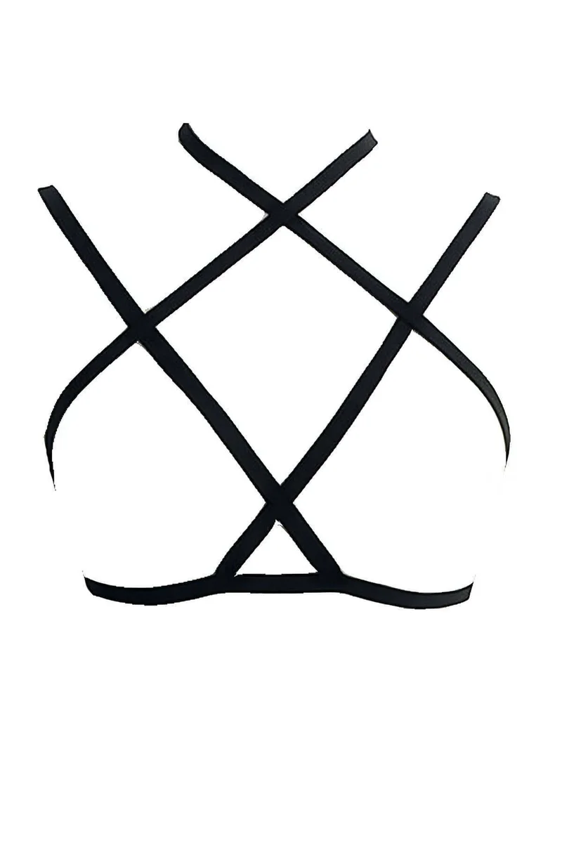 Black vegan leather halter harness close-up on neck strap detail