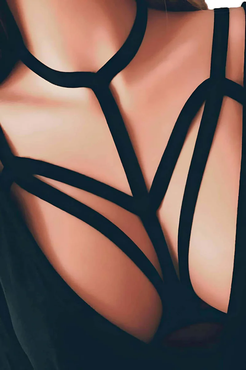 Black Strappy Caged Body Harness with Adjustable Faux Leather Straps