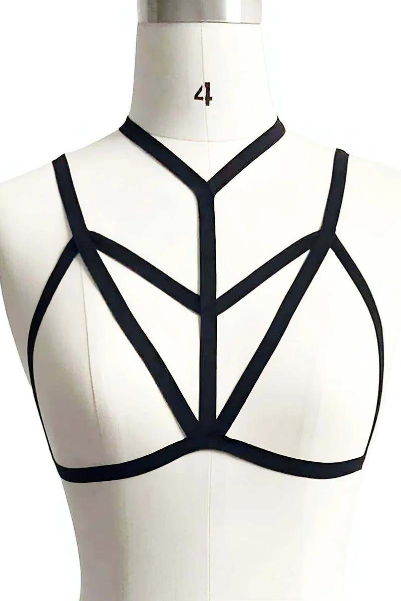 Black Strappy Caged Body Harness adjustable straps front detail