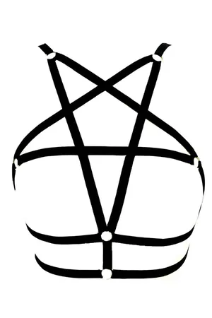 Black pentagram harness with O-ring accents on a woman