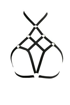 Black vegan leather strappy chest harness with multiple O-rings