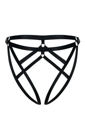 Black Strappy Open Crotch Thong Panties Gold O-Ring Detail