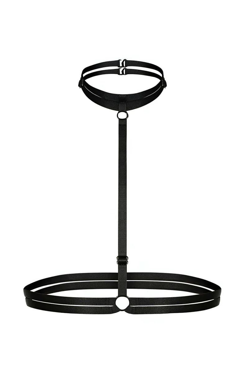 Black faux leather body harness choker detail close-up with O-ring
