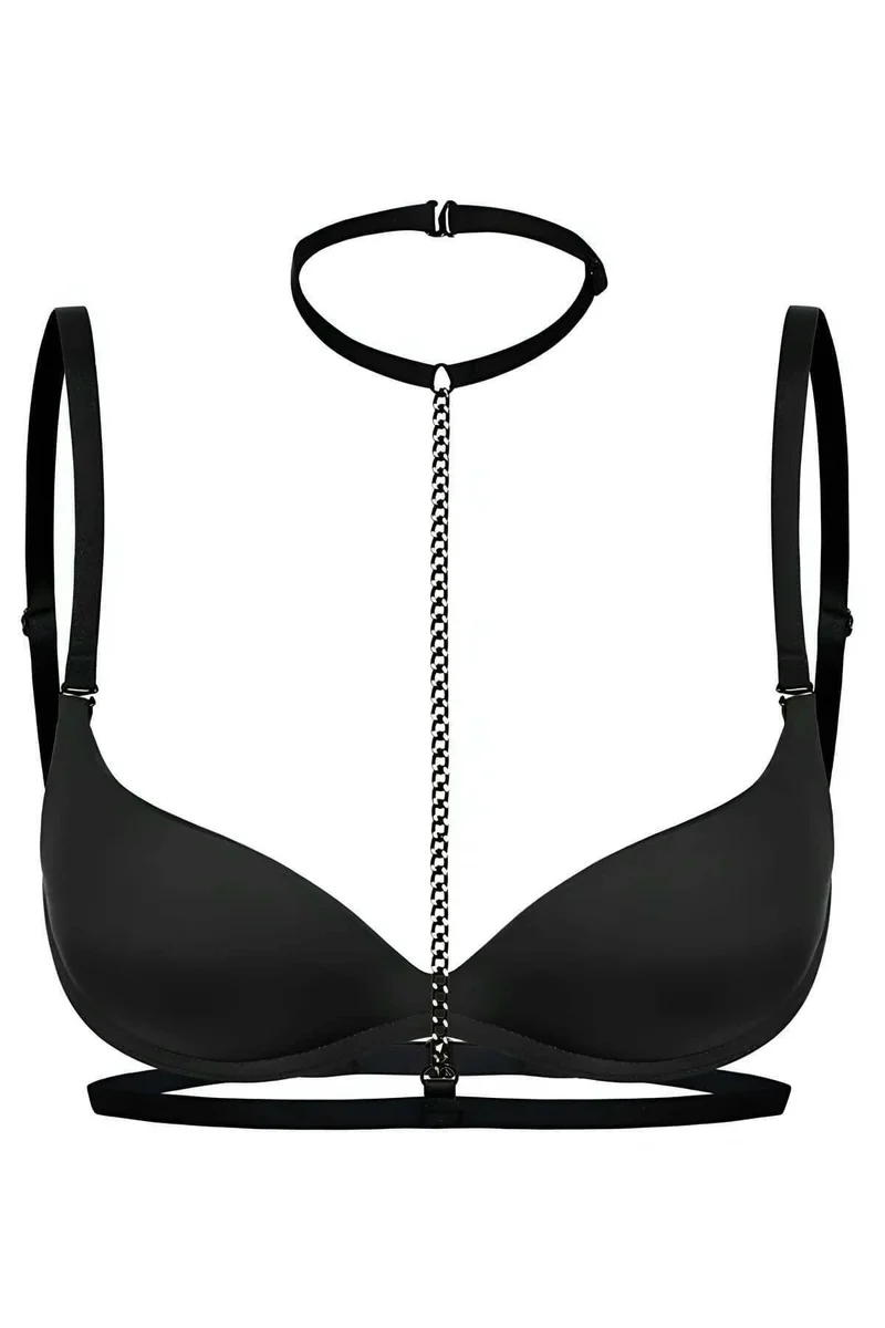 Black vegan leather body harness with chain and choker detail