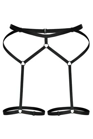 Black Strappy Body Harness Lingerie with Integrated Choker and Garter Straps Adjustable Fit