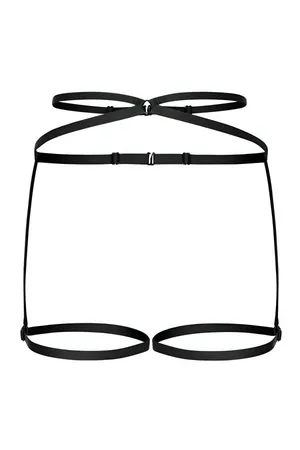 Black faux leather strappy body harness with integrated garter straps