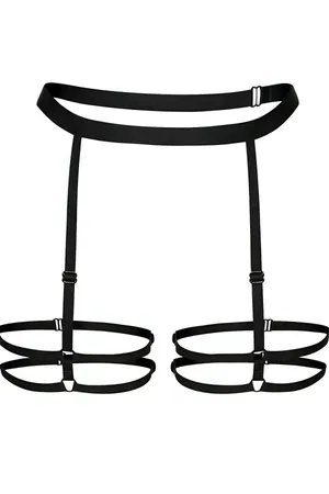 Black adjustable strappy leg harness with double metal rings
