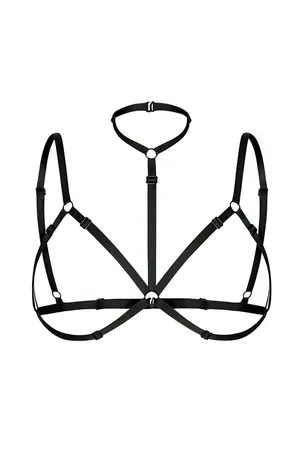 Black Faux Leather Strappy Body Harness with Central O-Ring