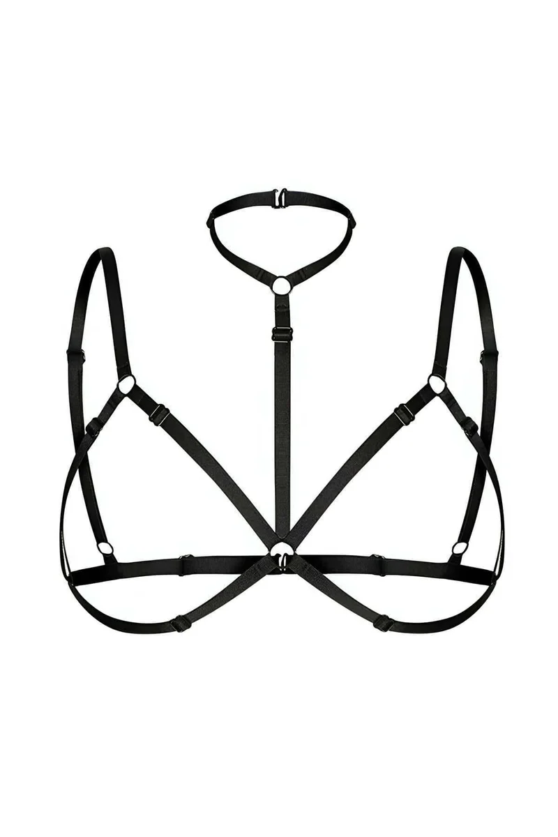 Strappy harness front view with o-ring detail black