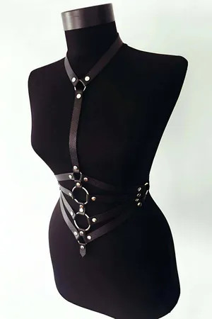 Black Faux Leather Body Harness with O-Rings and Adjustable Straps