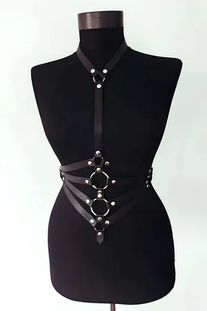 Black Faux Leather Body Harness with O-Rings and Adjustable Straps