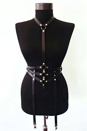 Black Faux Leather Full Body Harness with Choker and Garter Straps