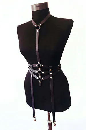 Black Faux Leather Full Body Harness with Choker and Garter Straps