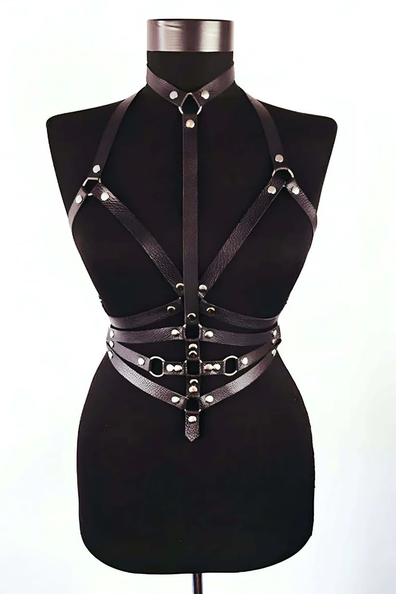 Black faux leather full body harness festival set with O-rings and chains