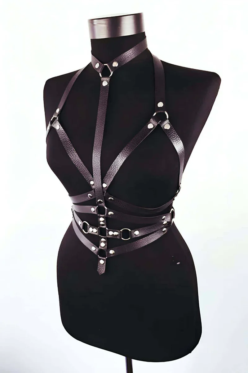 Brown full body harness with O-ring detailing on torso