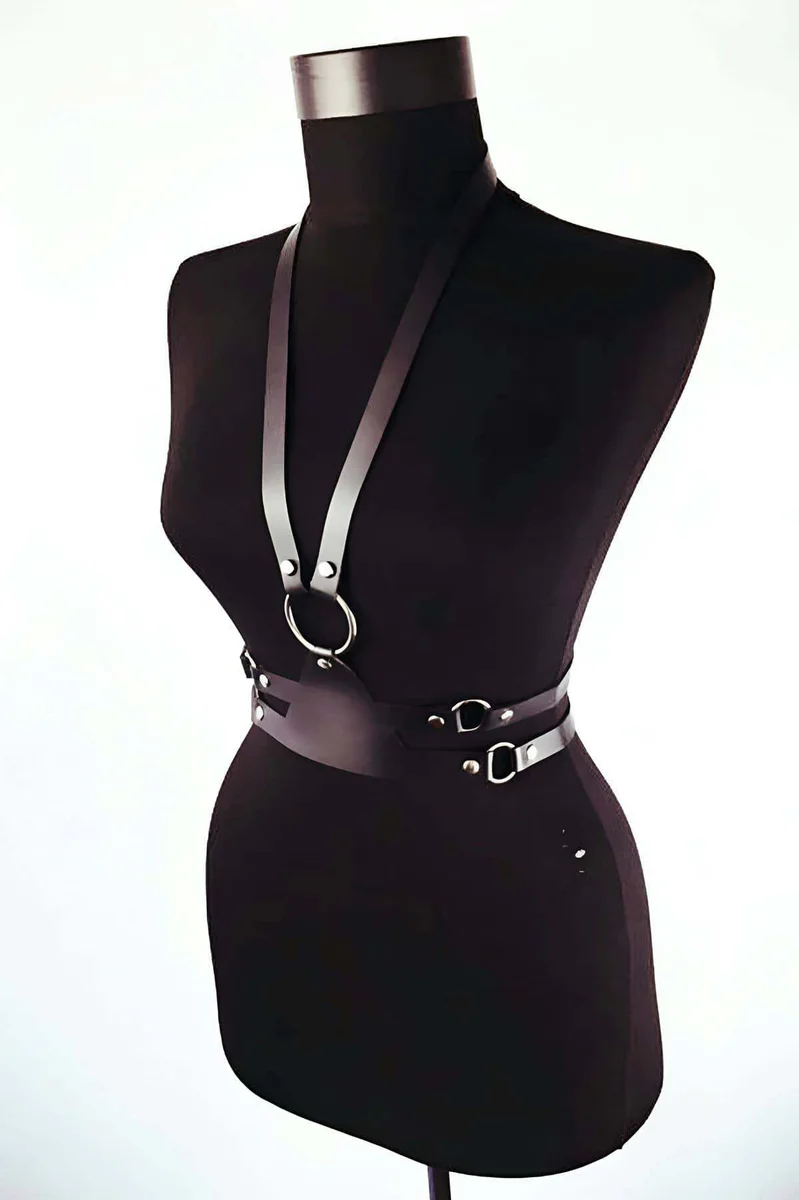 Black leather harness with O-ring and double belt detail