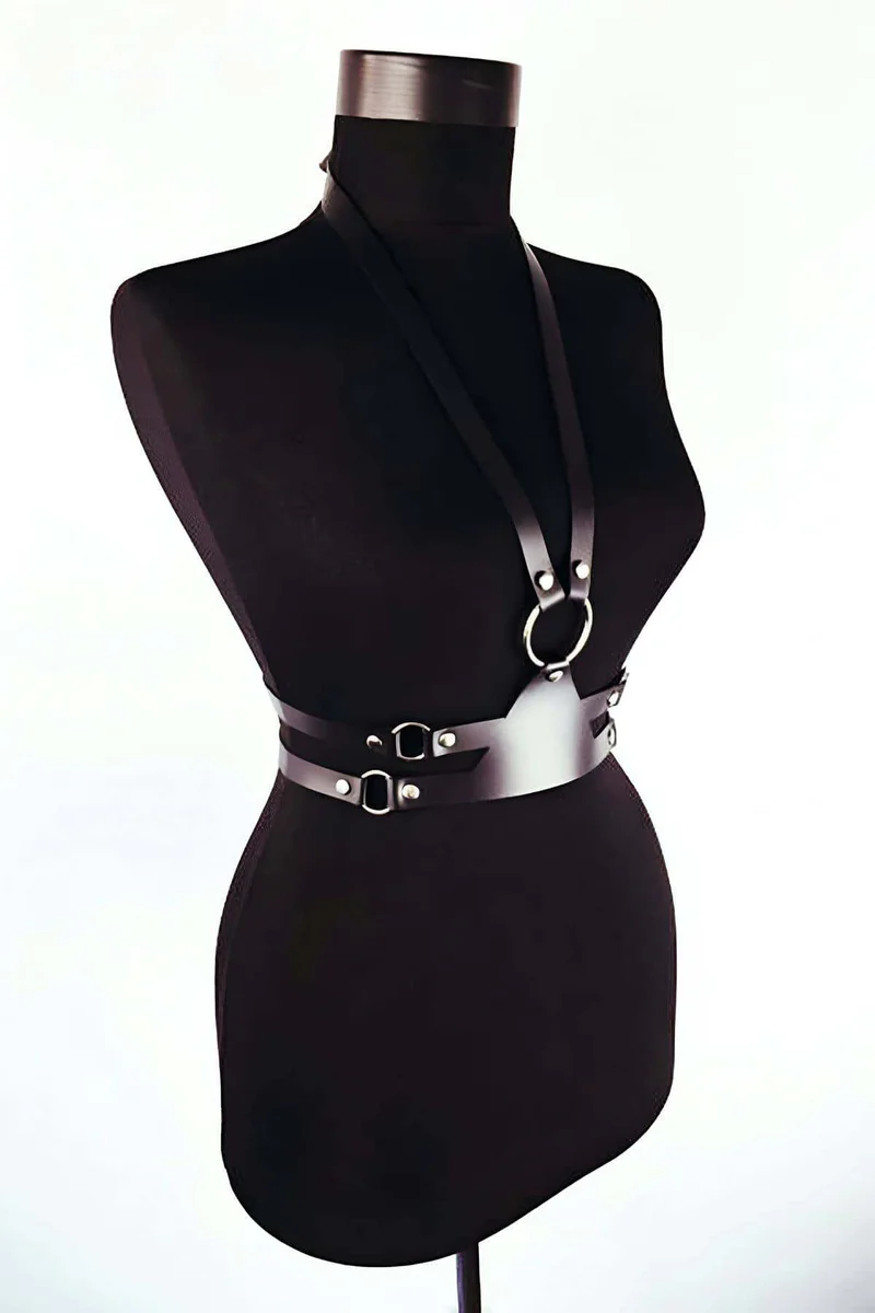 Black faux leather body harness with o-ring and adjustable belt detail