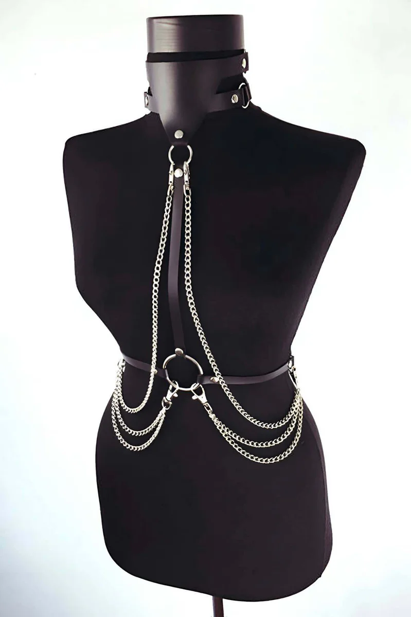 Black faux leather chest harness with cascading silver chains and choker