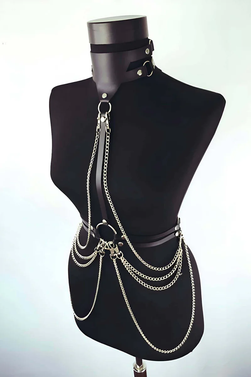 Black chain body harness with choker strap side view showing multi-strand chains