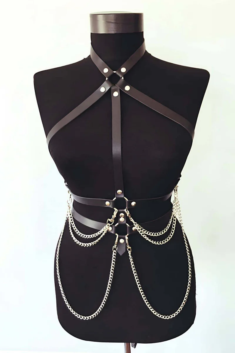 Black Faux Leather Strappy Body Harness with Cascading Chains Silver Hardware