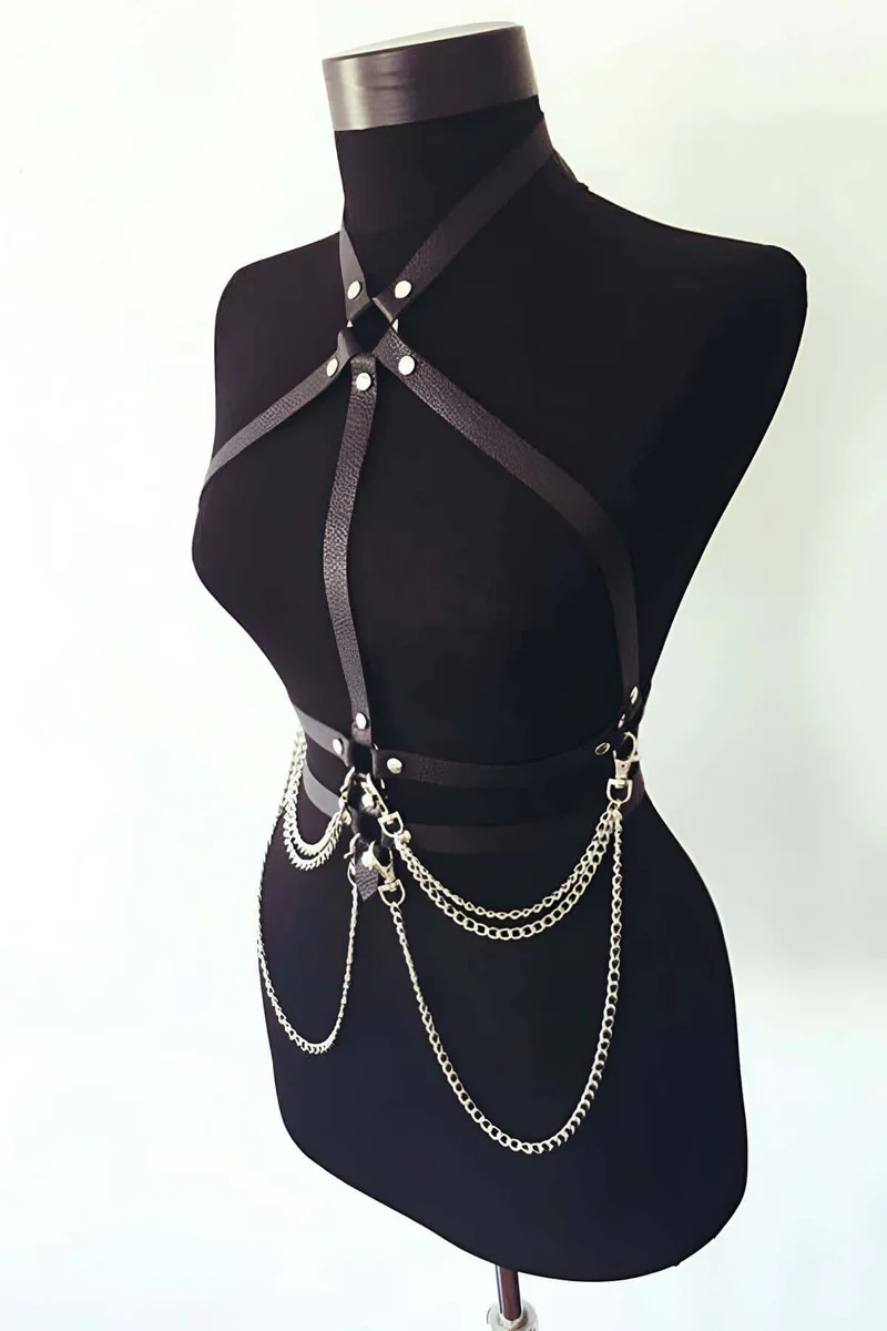 Black Faux Leather Body Harness Silver Chain Detail Front View
