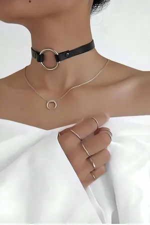 Black Faux Leather Choker Necklace with Large Silver O-Ring Accent