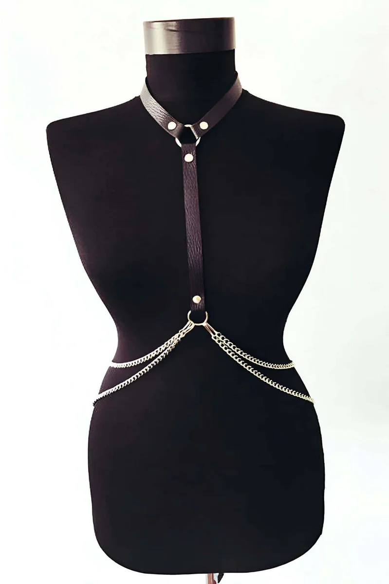 Black faux leather body harness with choker, O-ring, and dual silver chains