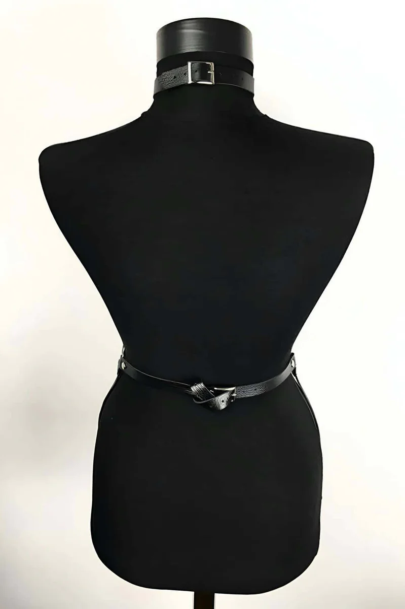 Black choker body harness with knotted waist belt detail