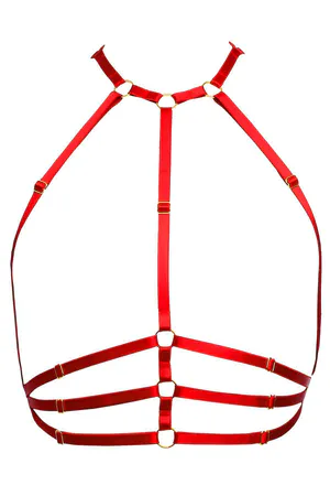 Red strappy chest harness with gold hardware and adjustable straps